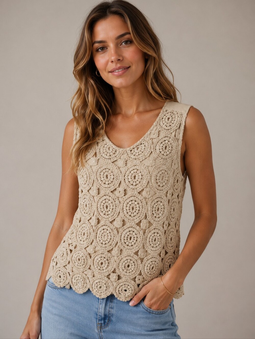 412. Liv Los Angeles Crochet Lined Tank Top in Beige